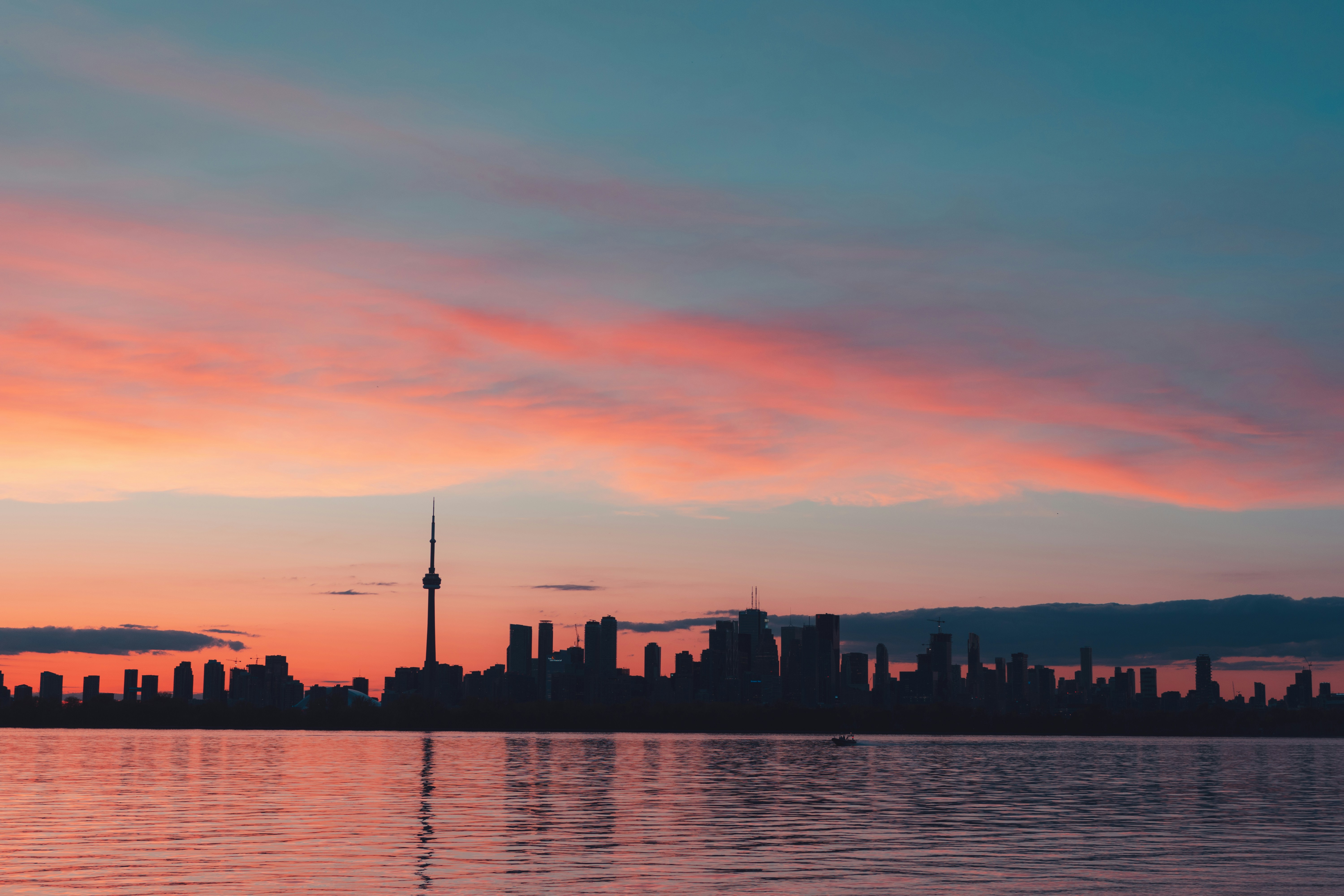 Silhouette of the Toronto skyline at sunset